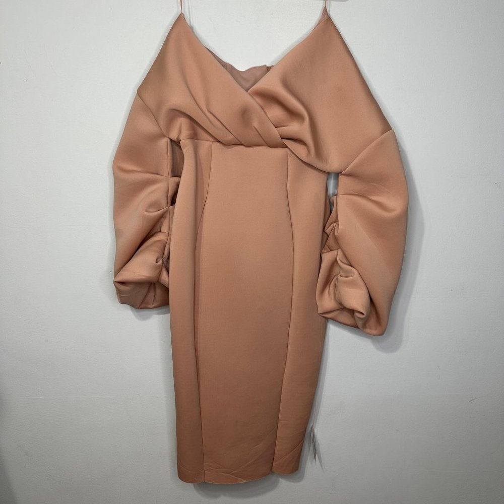 ASOS Maternity Fallen Shoulder Pleated Puff Sleeve Pencil Midi Dress‎ Rose Sz 8 - Picture 3 of 13